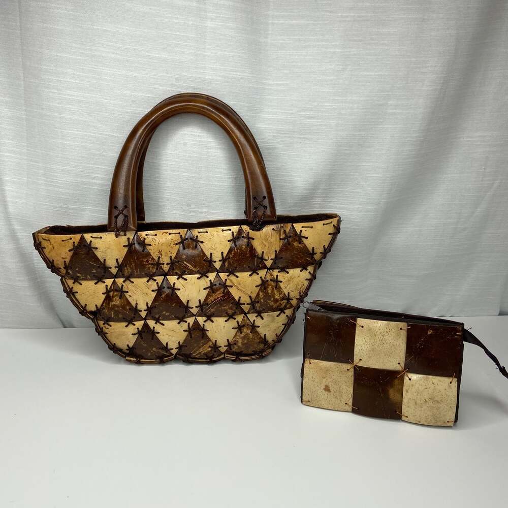 Vintage Coconut Shell Handbag + Wallet